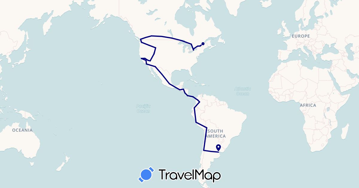 TravelMap itinerary: driving in Argentina, Bolivia, Canada, Chile, Colombia, Costa Rica, Ecuador, Guatemala, Honduras, Mexico, Nicaragua, Panama, Peru, United States (North America, South America)